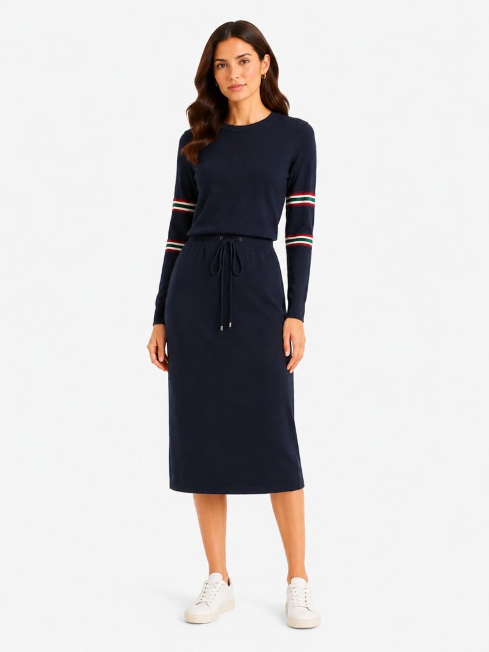 CHEE-CHO BLACK KNIT LONG SLEEVE  DRAWSTRING WAIST STRIPED MIDI DRESS - XS